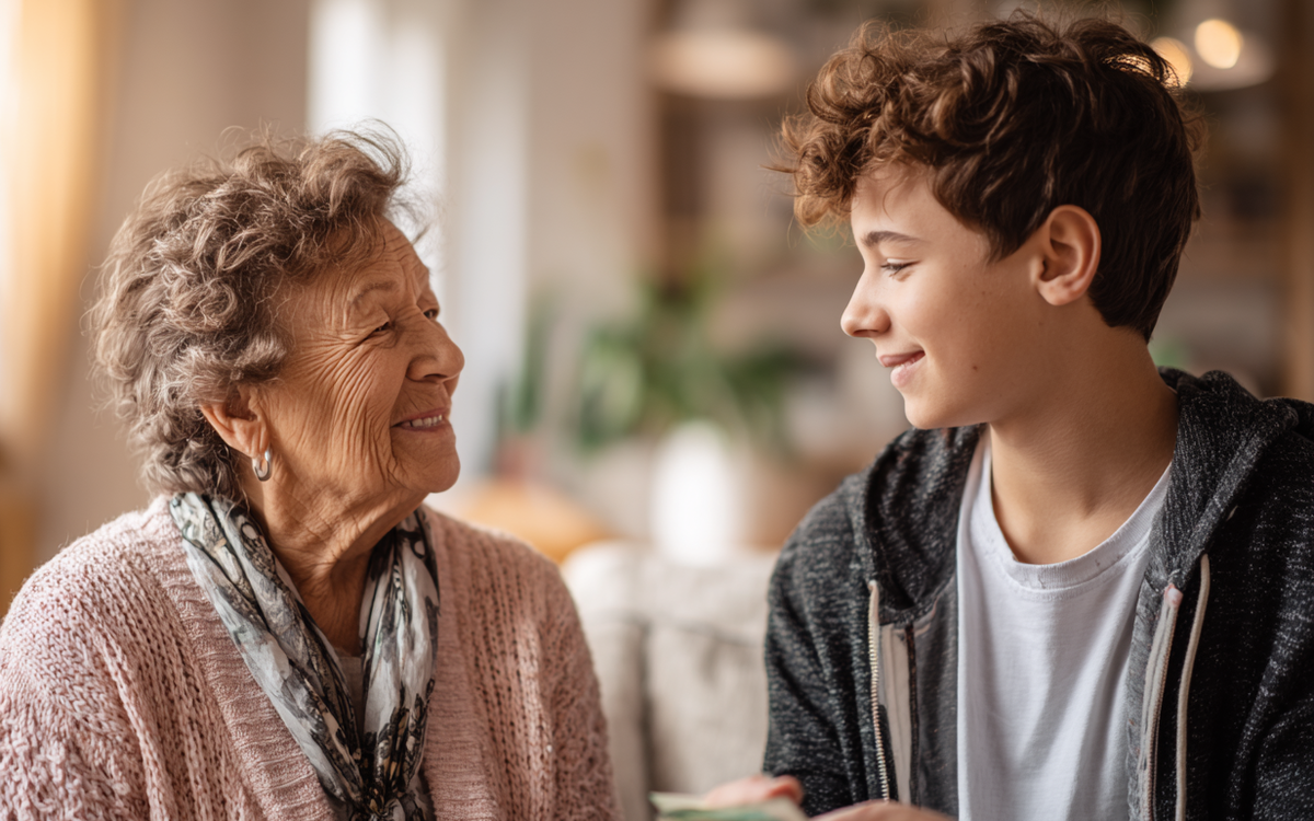 Eine Oma gibt ihrem Enkel Geld, sie lächeln sich an