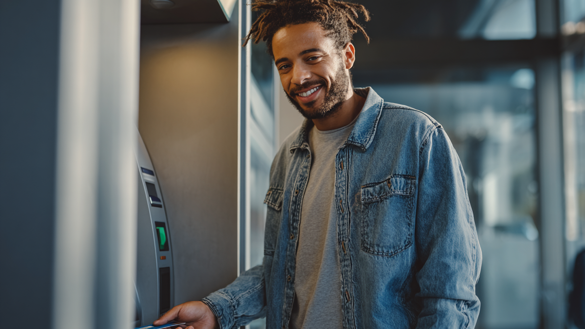 Junger Mann steht vor einem Bankautomat und hält eine Bankkarte in der Hand