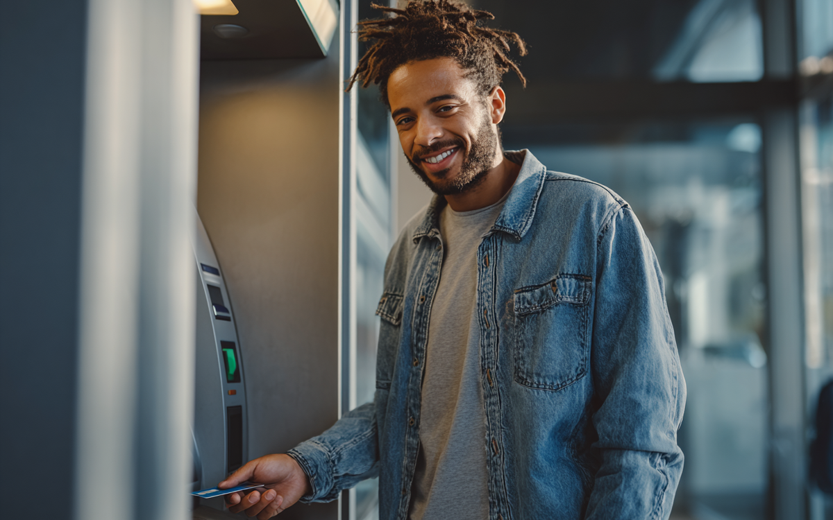 Junger Mann steht vor einem Bankautomat und hält eine Bankkarte in der Hand