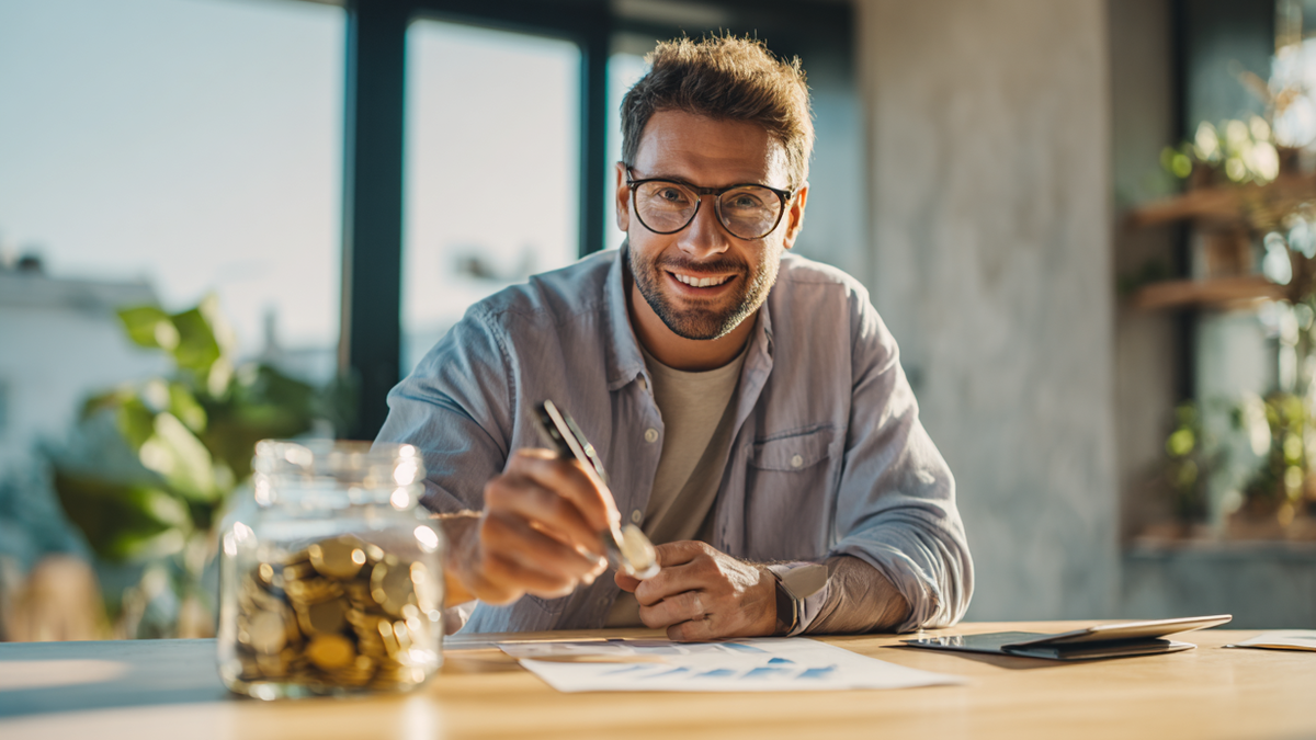 Mann sitzt an einem Tisch vor einem Glas mit Geld und schreibt etwas auf ein Blatt