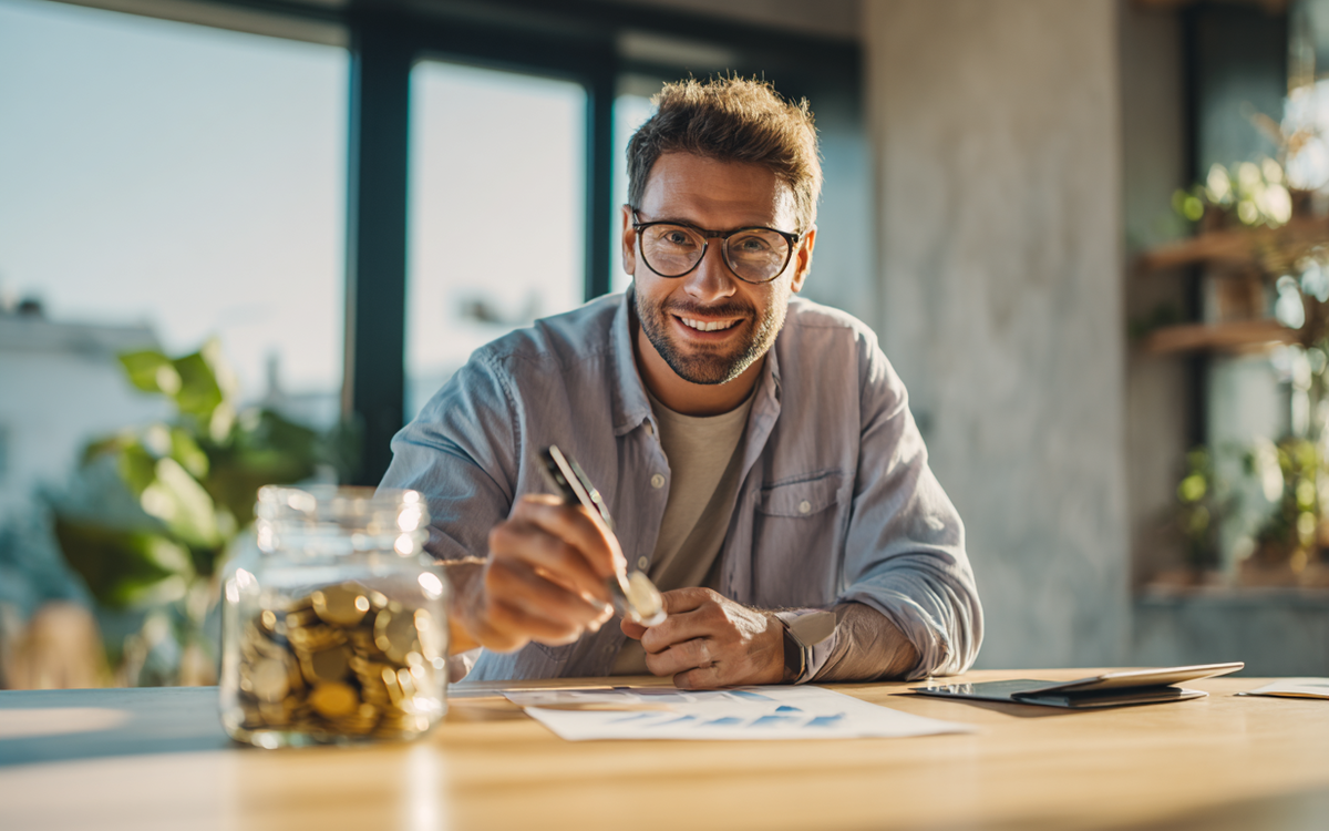 Mann sitzt an einem Tisch vor einem Glas mit Geld und schreibt etwas auf ein Blatt