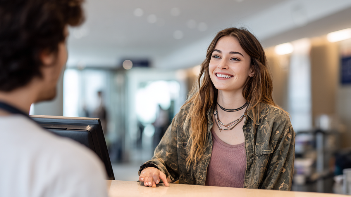 Junge Frau steht lächelnd an einem Bank-Schalter einer Filialbank.