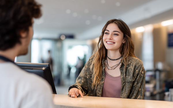 Junge Frau steht lächelnd an einem Bank-Schalter einer Filialbank.