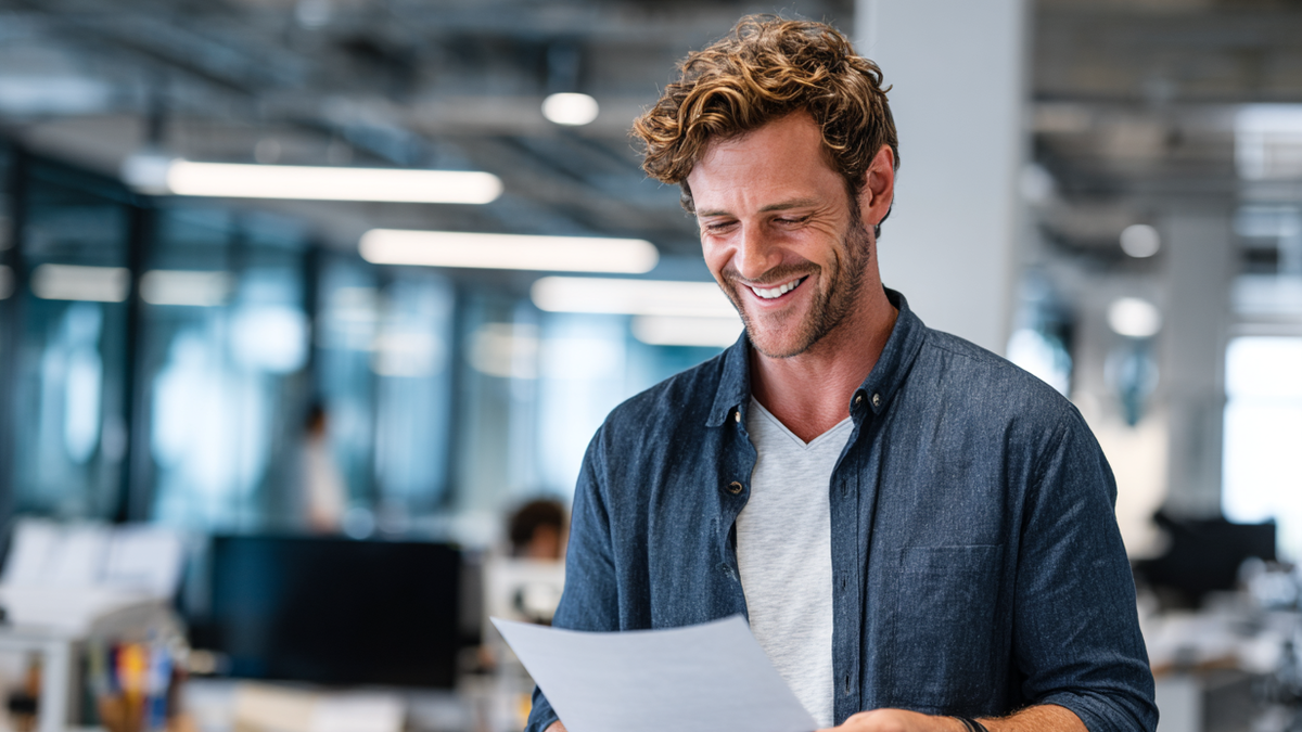 Junger Mann schaut erfreut auf einen Brief, seine Gehaltsabrechnung