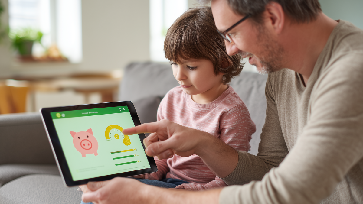 Vater zeigt Kind am Laptop eine bunte Grafik mit Sparschwein und Kontostatistik fürs Kinderkonto.