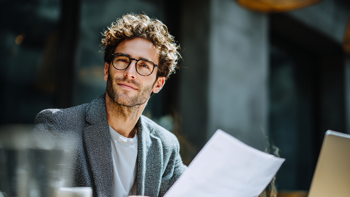 Mann sitzt druaßen an einem Tisch mit einem Blatt Papier in der Hand.