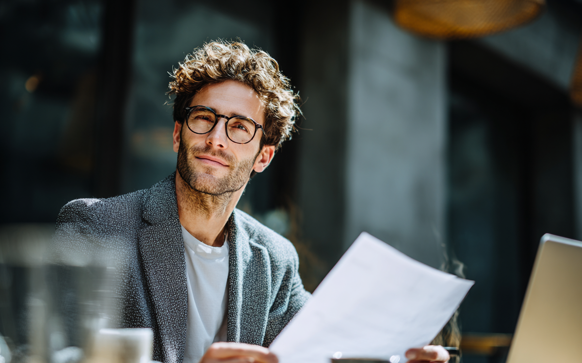 Mann sitzt druaßen an einem Tisch mit einem Blatt Papier in der Hand.