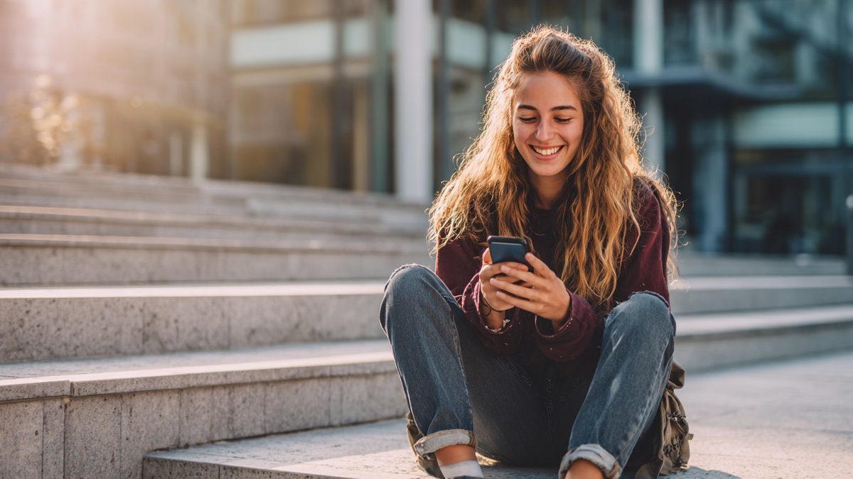 Junge Frau sitzt auf Außentreppe vor modernem Gebäude mit Rucksack und nutzt fürs Online-Banking ihr Smartphone.