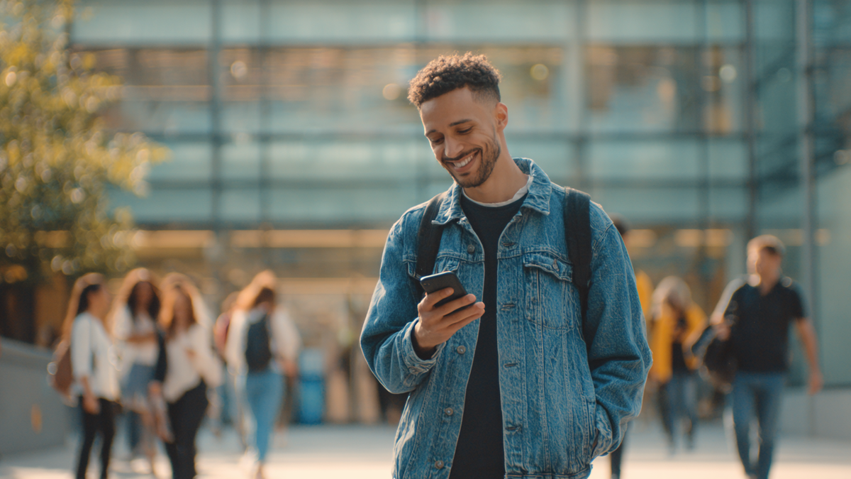 Junger Student steht vor einem Unigebäude mit einem Smartphone in der Hand