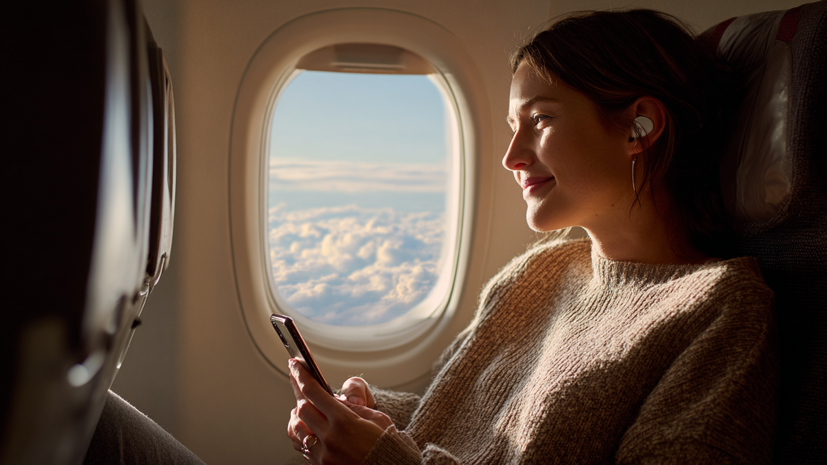 Junge Frau sitzt am Fenster eines Flugzeugs über den Wolken und schaut zufrieden auf ihr Handy.