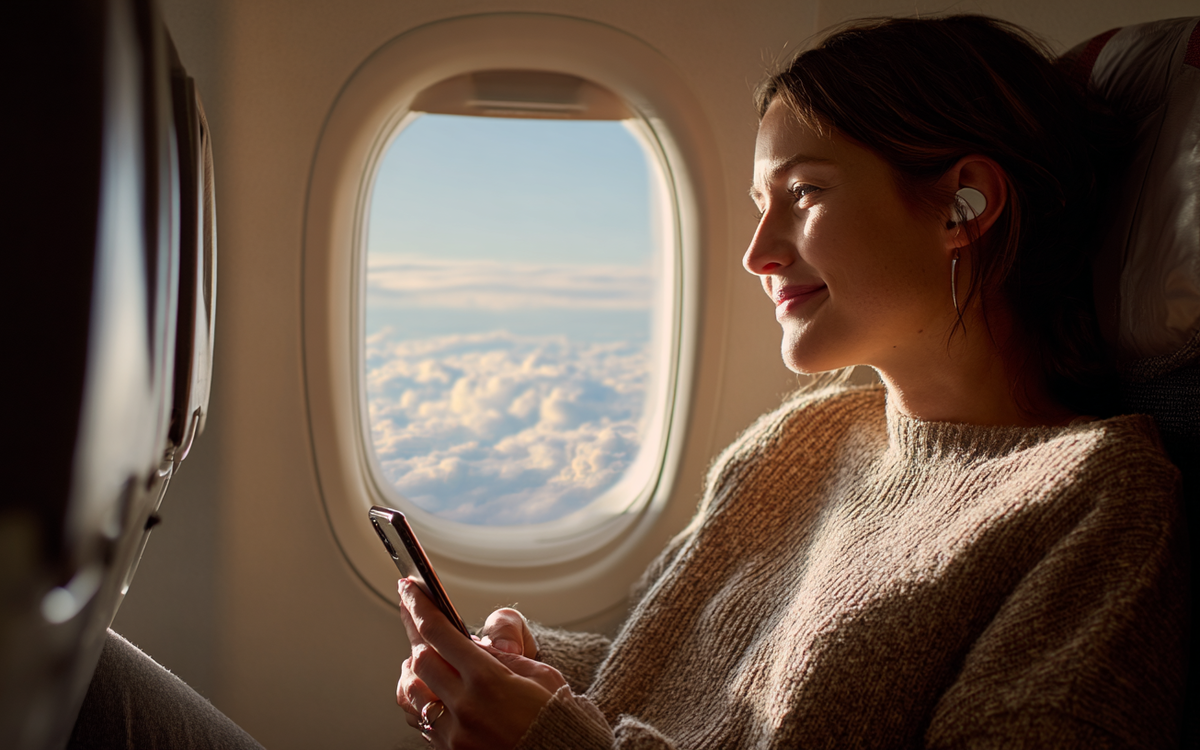 Junge Frau sitzt am Fenster eines Flugzeugs über den Wolken und schaut zufrieden auf ihr Handy.