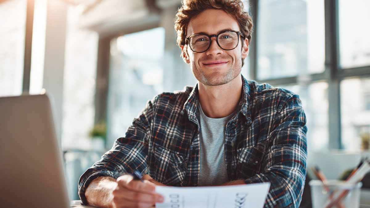 Junger Mann sitzt an einem Schreibtisch vor einem Laptop und sortiert Zettel