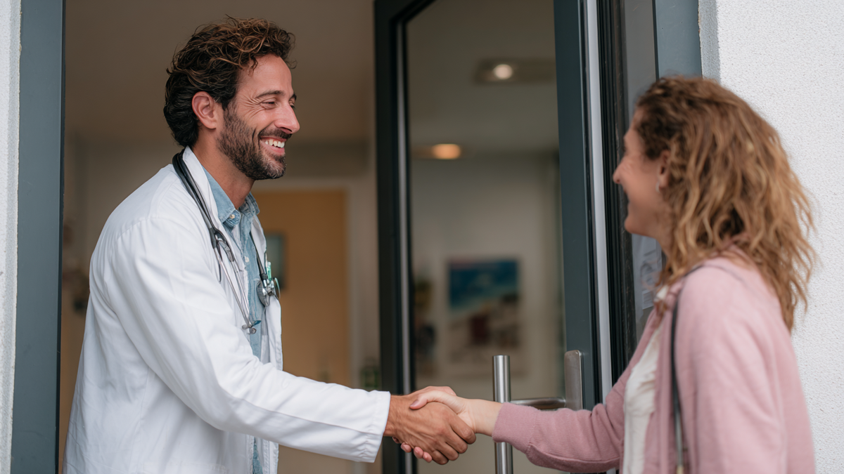 ein Arzt mittleren Alters schüttelt einer Patientin die Hand, während sie zur Tür reinkommt