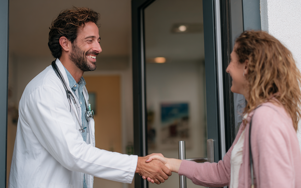 ein Arzt mittleren Alters schüttelt einer Patientin die Hand, während sie zur Tür reinkommt