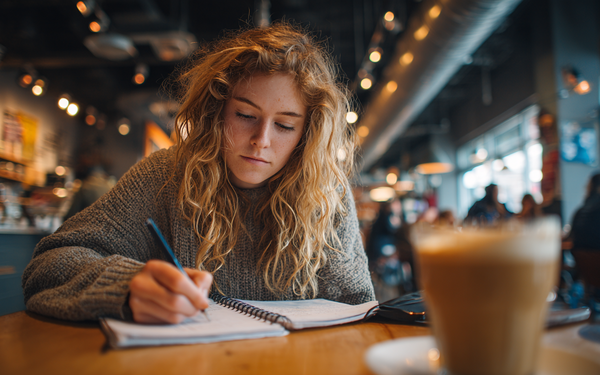 Junge Frau sitzt in einem Cafe an einem Tisch und schreibt in ein Notizbuch