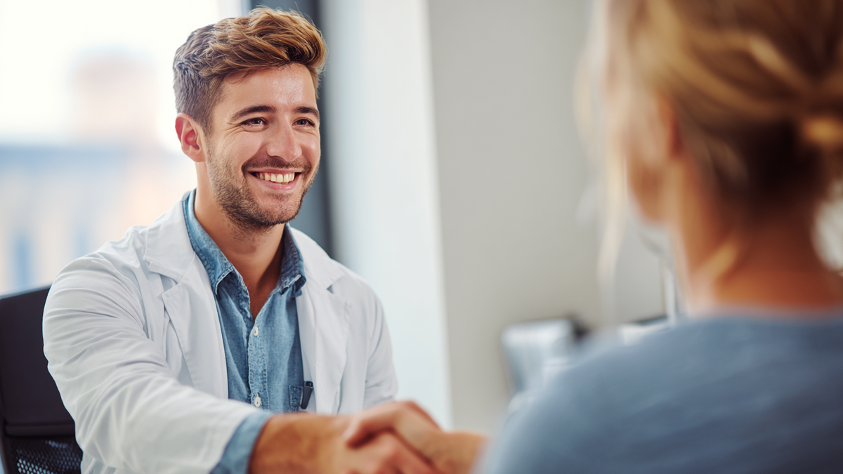 Junger Arzt sitzt einer Patientin gegenüber und gibt ihr die Hand
