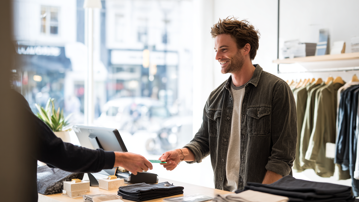 Junger Mann steht an einer Kasse und nimmt eine Kreditkarte entgegen