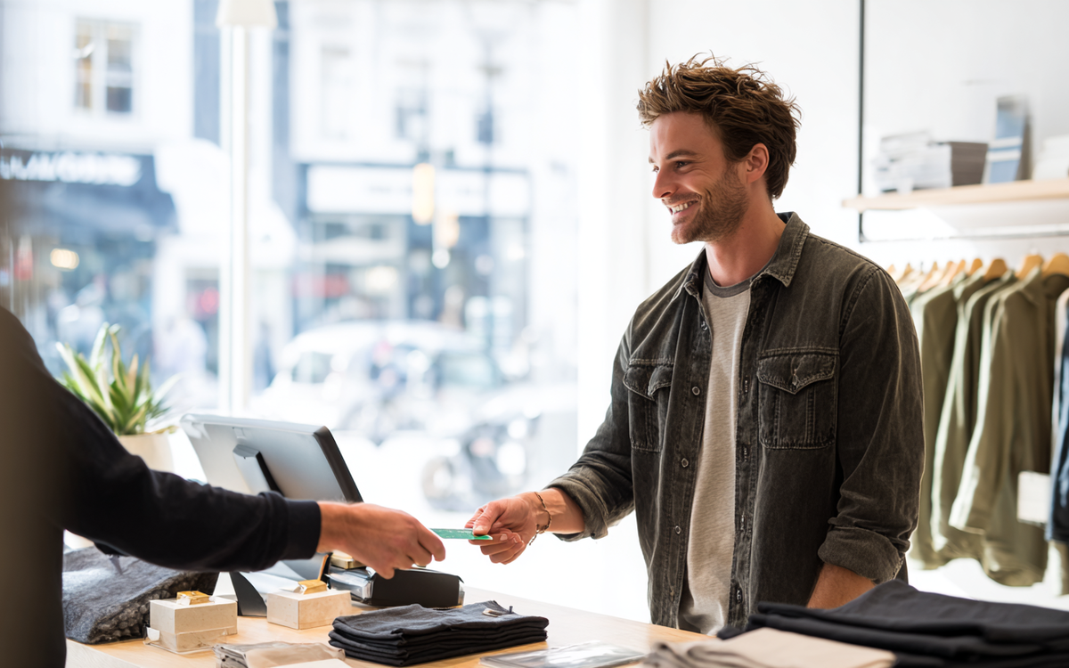 Junger Mann steht an einer Kasse und nimmt eine Kreditkarte entgegen
