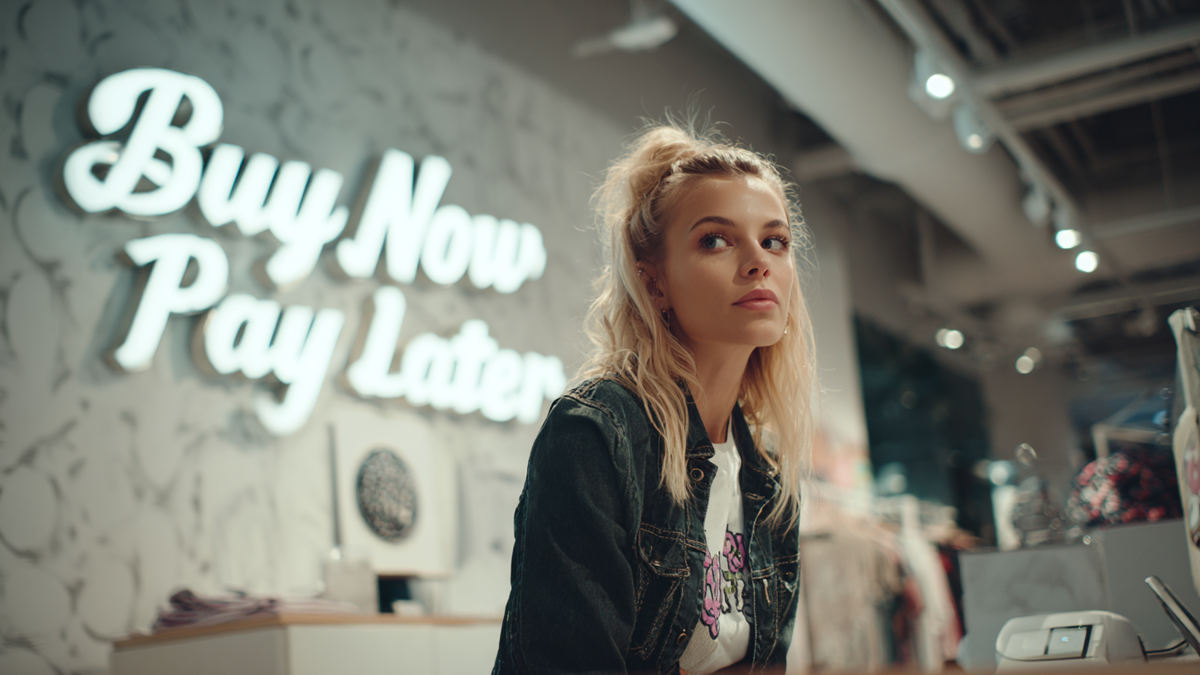 Junge Frau steht an einer Kasse und im Hintergrund sieht man ein "Buy Now Pay Later" Schild
