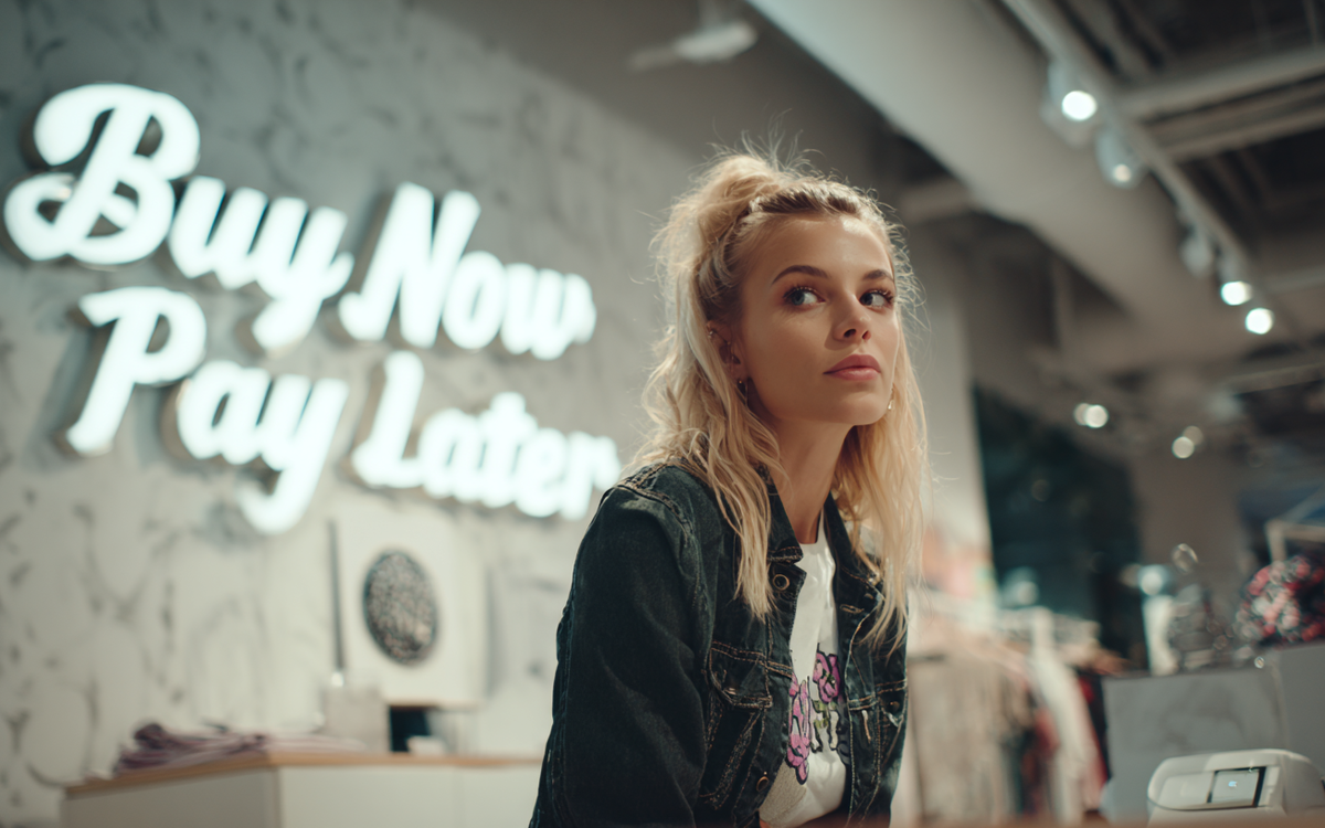 Junge Frau steht an einer Kasse und im Hintergrund sieht man ein "Buy Now Pay Later" Schild