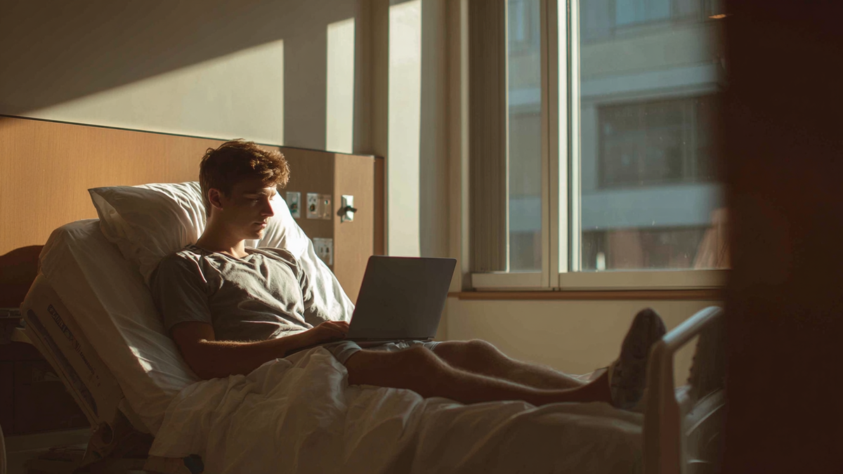 Junger Mann sitzt in einem einfachen Krankenhausbett mit einem Loptop auf dem Schoß