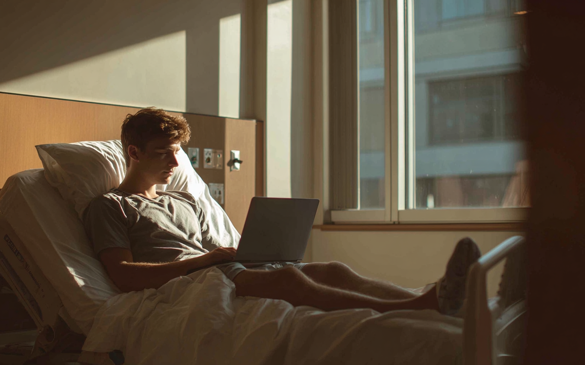 Junger Mann sitzt in einem einfachen Krankenhausbett mit einem Loptop auf dem Schoß