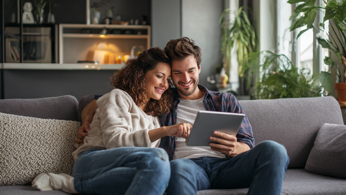 Junger Paar sitzt auf dem Sofa und schaut auf ein Tablet