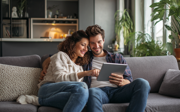 Junger Paar sitzt auf dem Sofa und schaut auf ein Tablet