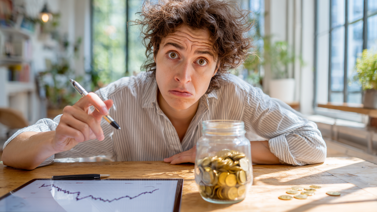 Eine Frau sitzt erschrocken vor einem Tablet, bei dem ein Graph eine starke Schwankung zeigt