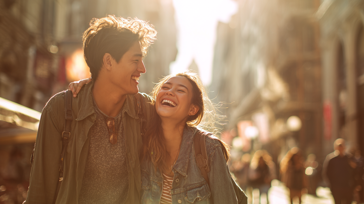 Junges Paar läuft glücklich in einer sonnigen Straße entlang