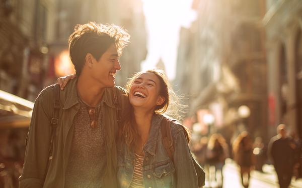 Junges Paar läuft glücklich in einer sonnigen Straße entlang