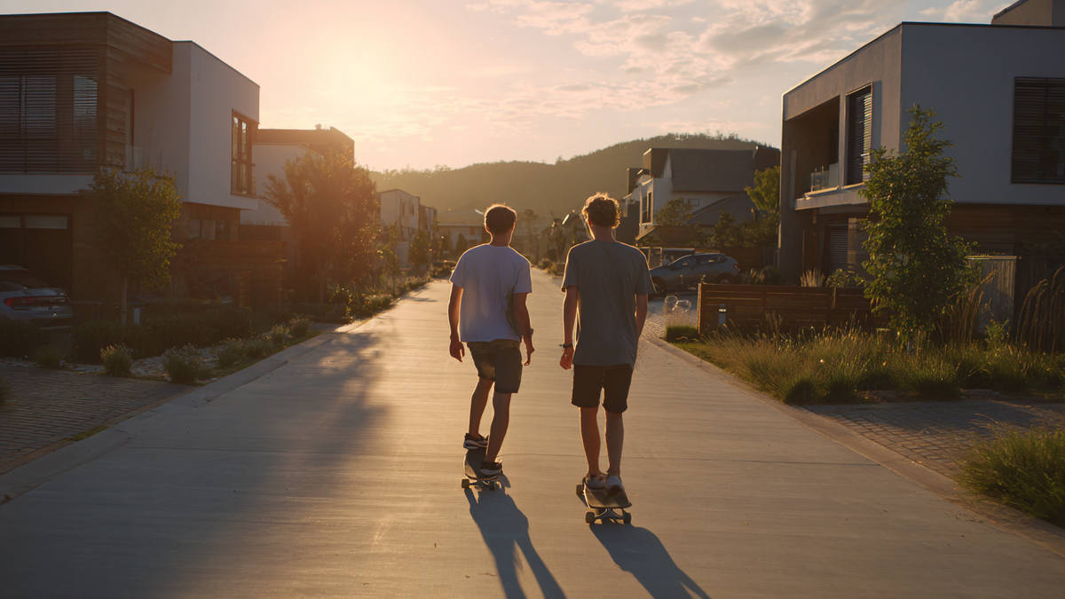 Zwei Jungs fahren Richtung Sonnenuntergang eine Straße mit schönen Häusern auf ihren Skateboards ab