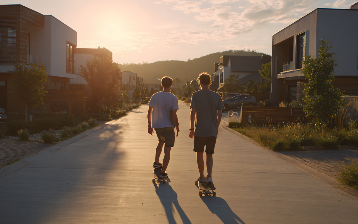 Zwei Jungs fahren Richtung Sonnenuntergang eine Straße mit schönen Häusern auf ihren Skateboards ab