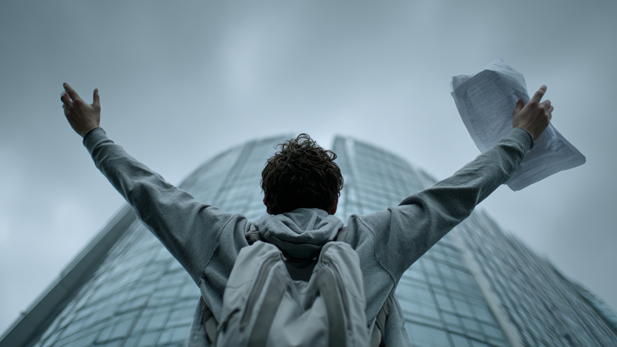 Junger Mann mit Rucksack steht vor einem Hochaus mit ausgestreckten Armen